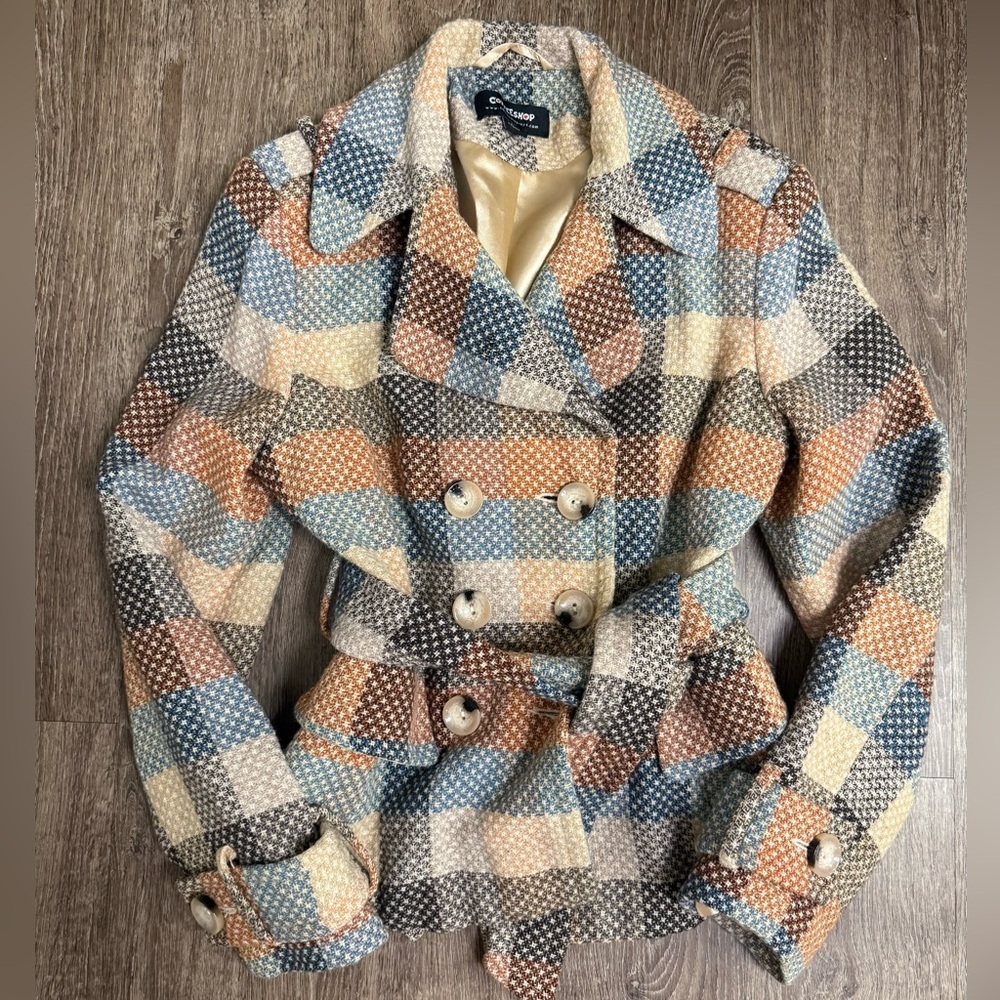 CoffeeShop NYC Plaid Belted Coat Wool Blend Tweed Academia Jacket L - Picture 1 of 5